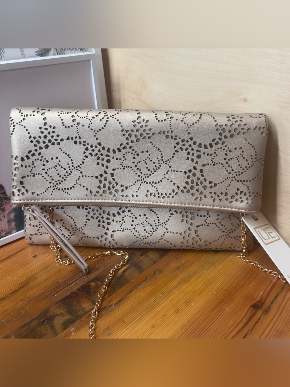 Urban Expressions Metallic Cutout Floral Fold-Over Clutch in Champagne